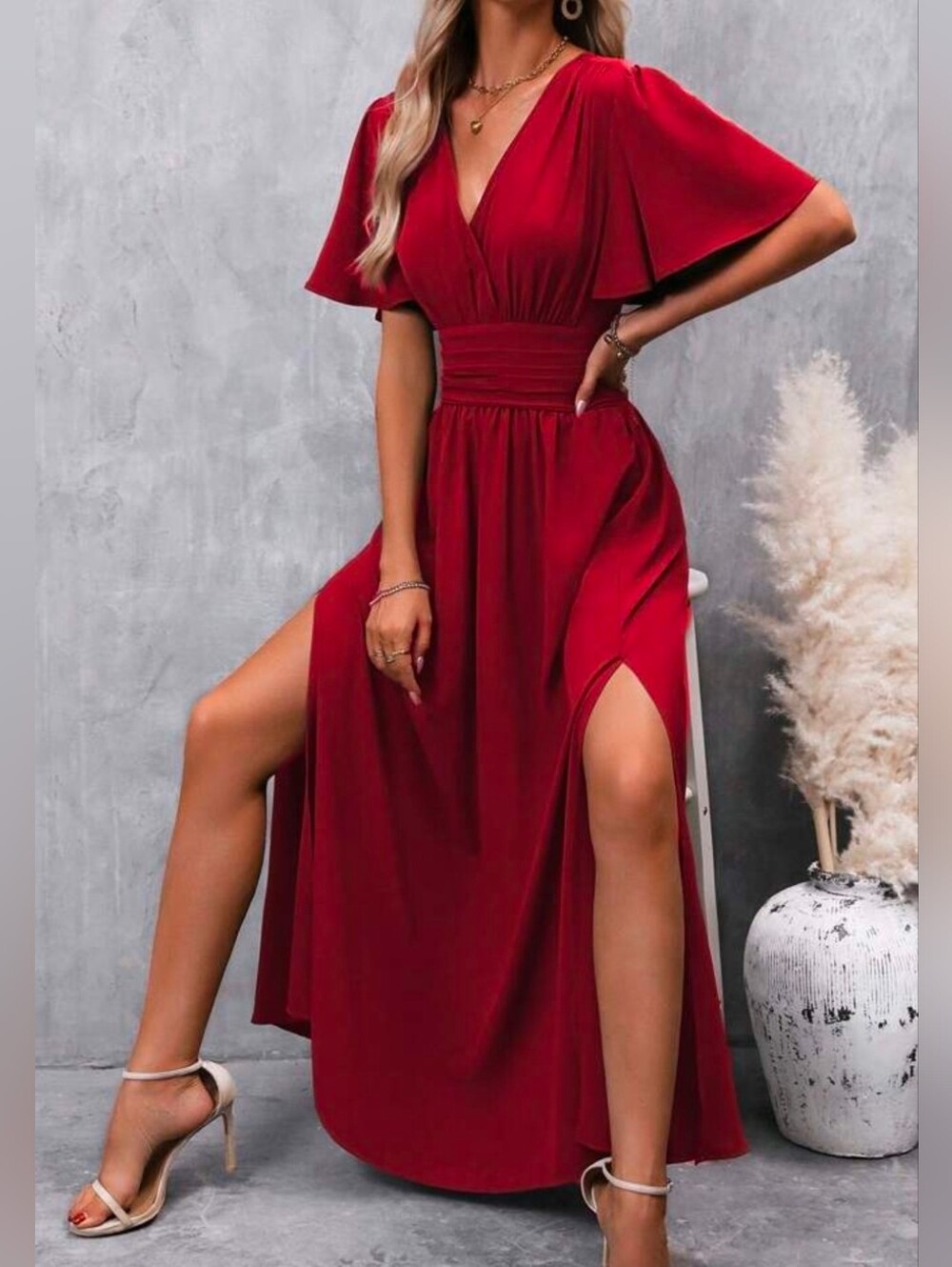 NEW Ruched Waist Maxi Dress Flutter Short Sleeve Burgundy Red